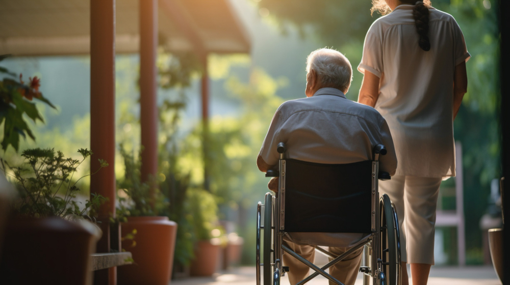 Rear view of an older man in a wheelchair with another person standing beside him outdoors.