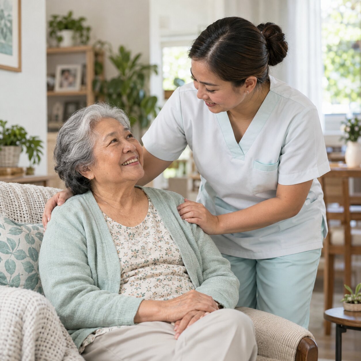 Care professional smiling with an older woman seated in an armchair at home.